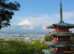 temple with a view of Mount Fuji japan