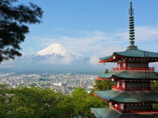 temple with a view of Mount Fuji japan